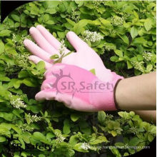 SRSAFETY guantes de color rosa pu / 13ga poliéster PU guantes de trabajo recubiertos de palma